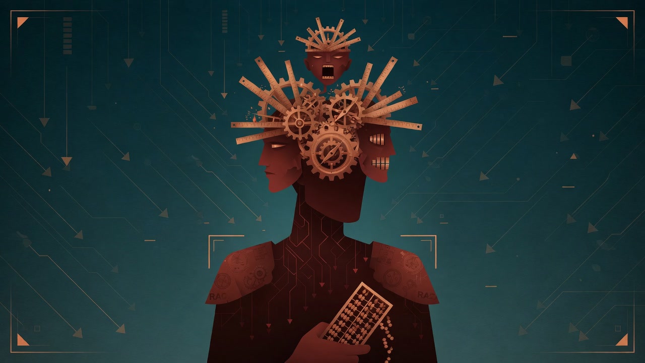 Moloch, gear-crowned figure with an abacus