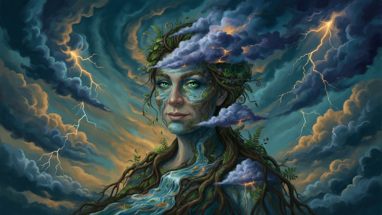 Mother Nature, a storm-crowned figure with a river for a chest