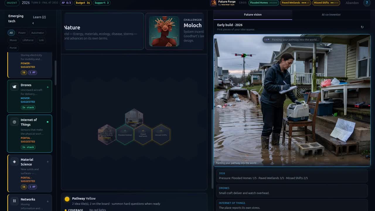 Workshop with Nature and Moloch challenger cards summoned above the hex cluster