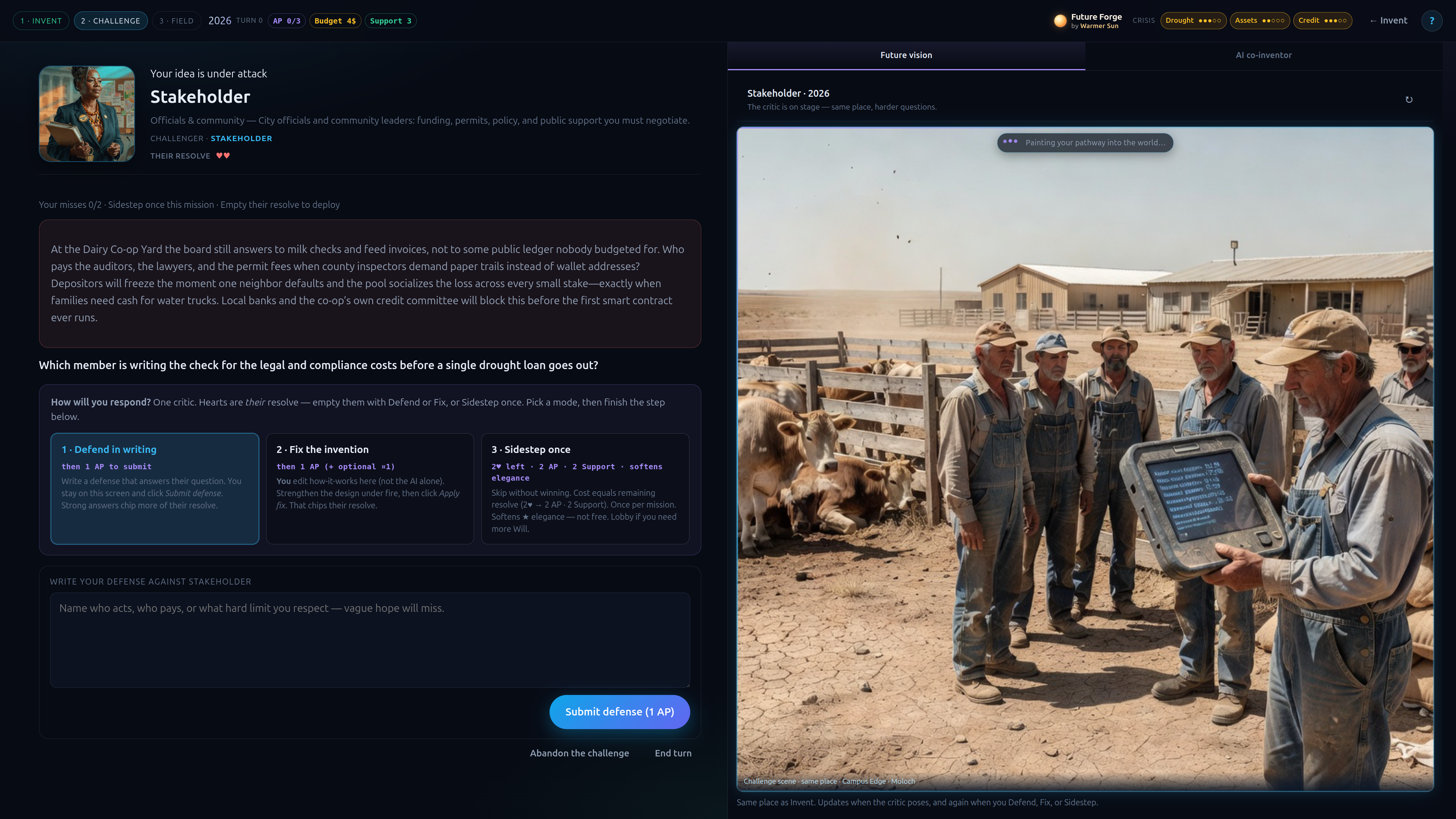 Future Forge challenge screen: defending an invention under stakeholder pressure