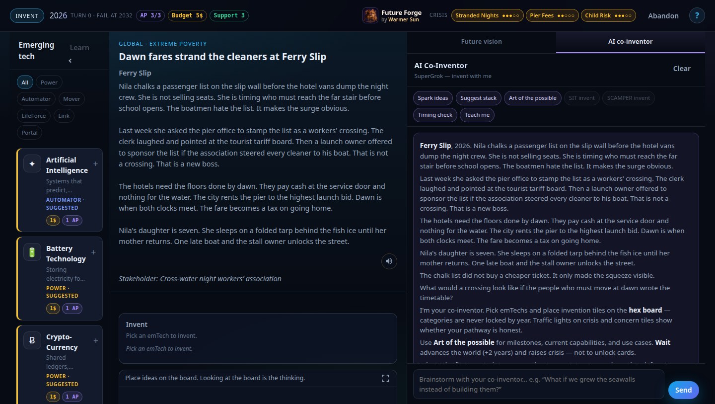 Invent screen with the AI co-inventor tab open: Spark ideas, Suggest stack, Art of the possible, Timing check, Teach me