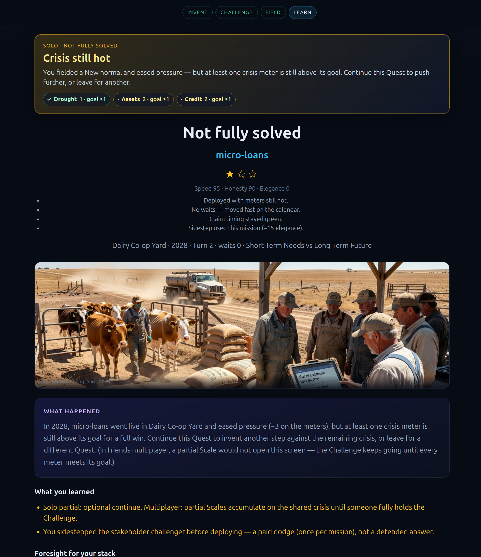 Future Forge evaluation screen after fielding an invention