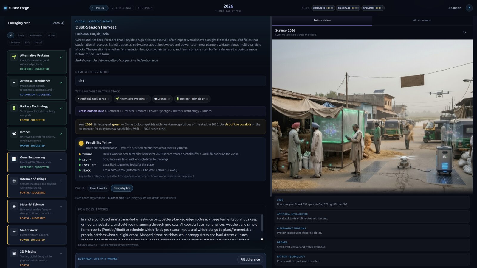 Future Forge gameplay: inventing Dust-Season Harvest in Ludhiana with AI, alternative proteins, drones, and battery technology