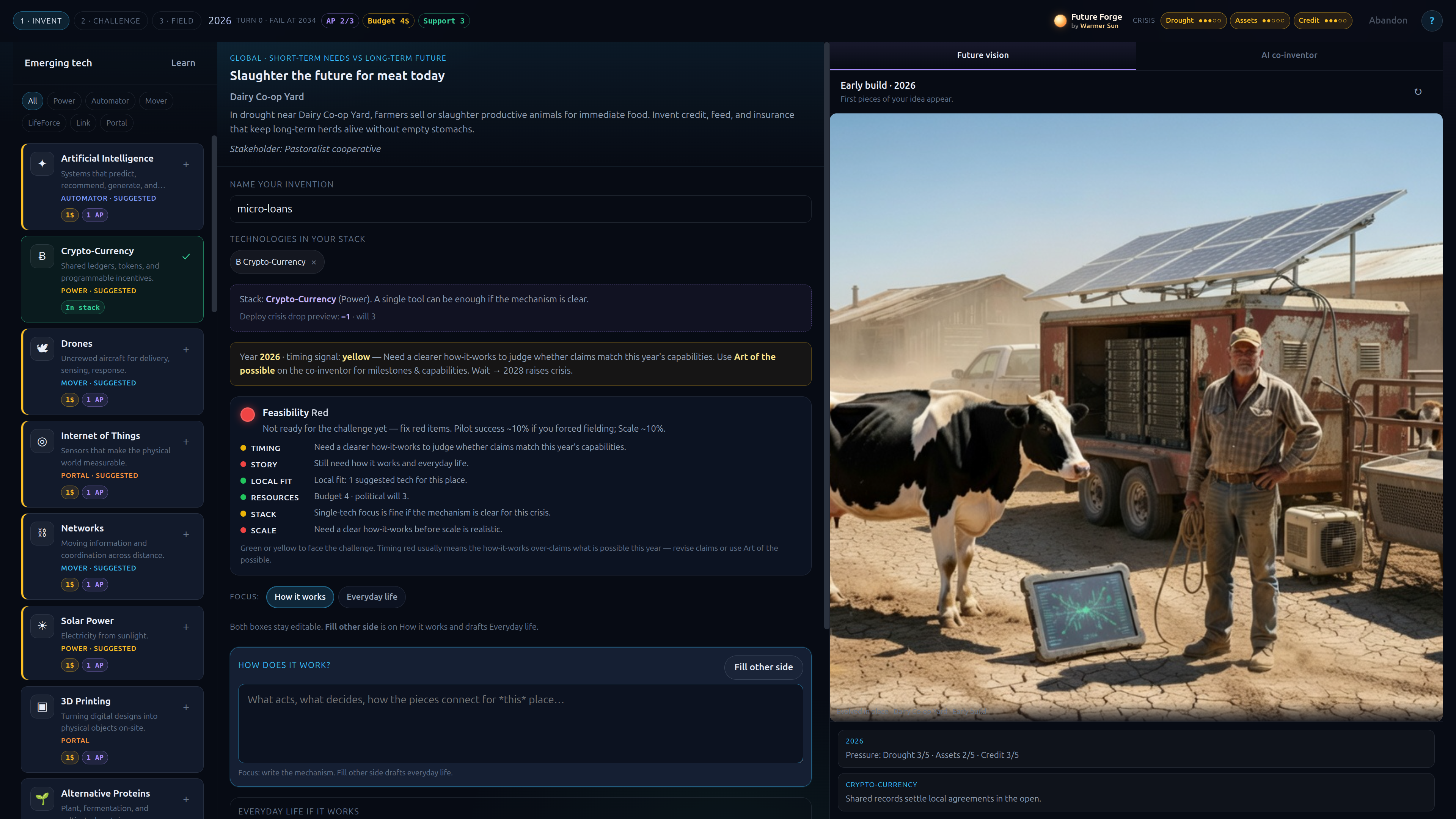 Future Forge quest invent screen for a local crisis at a dairy co-op