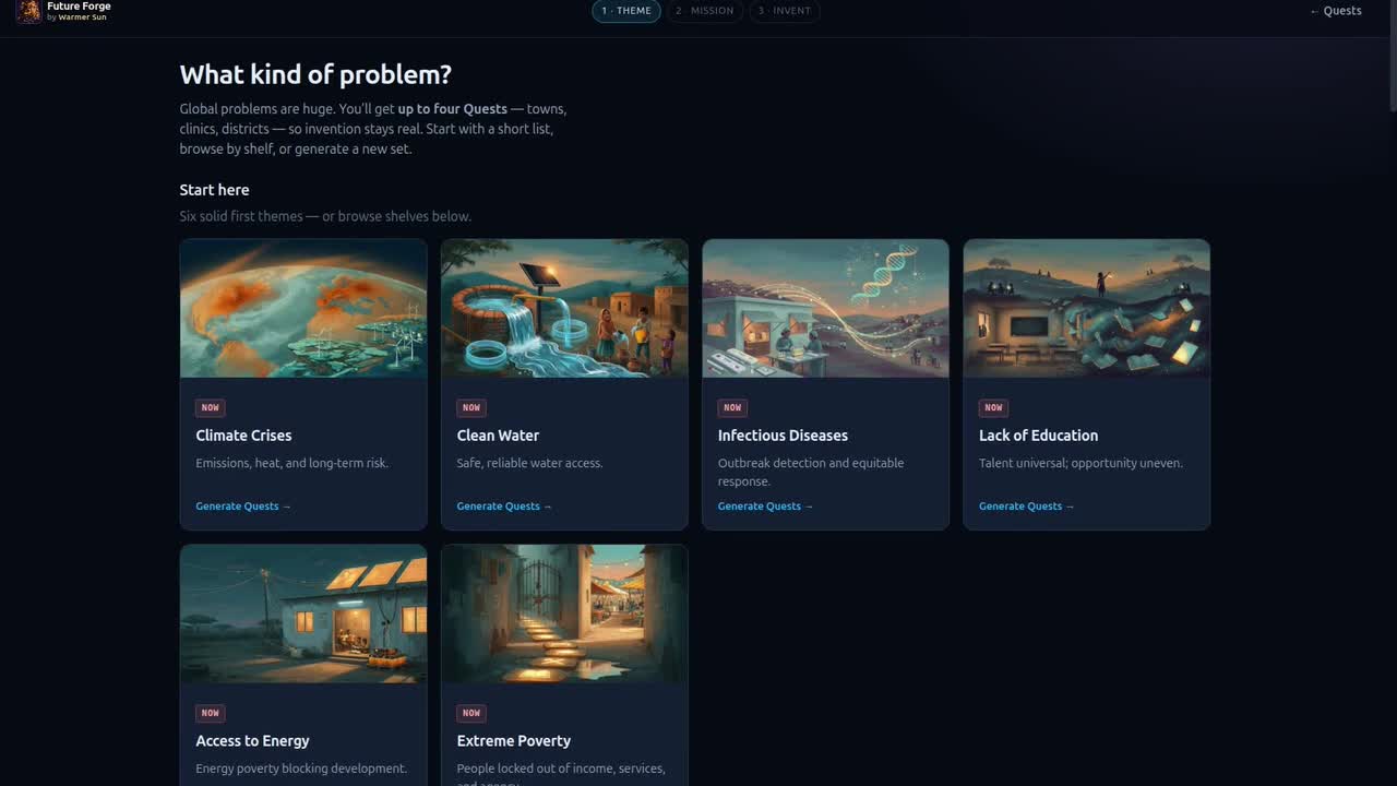 Future Forge theme picker: climate, clean water, energy, and other global problems