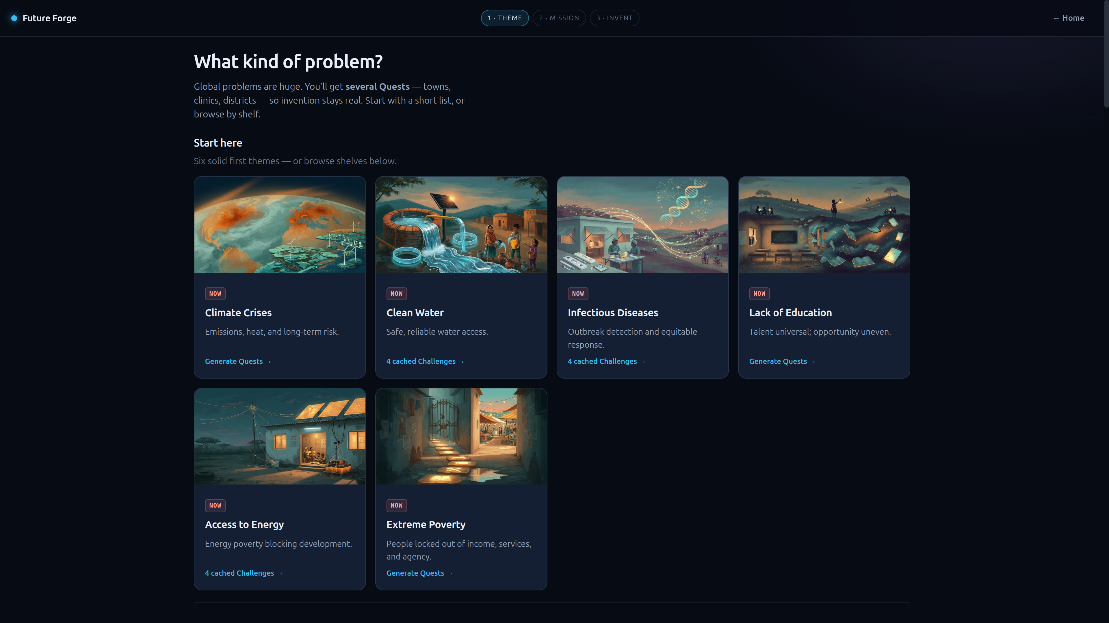 Future Forge theme picker: climate, clean water, energy, and other global problems