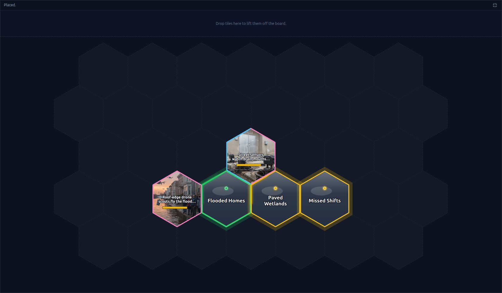 Hex invent tiles with yellow honesty progress bars across Street sensors and Roof-edge drone