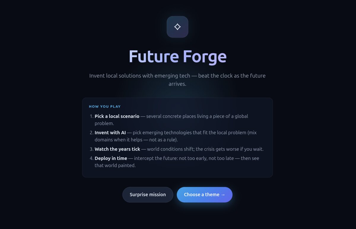 Future Forge title screen: invent local solutions with emerging tech, how you play in four steps