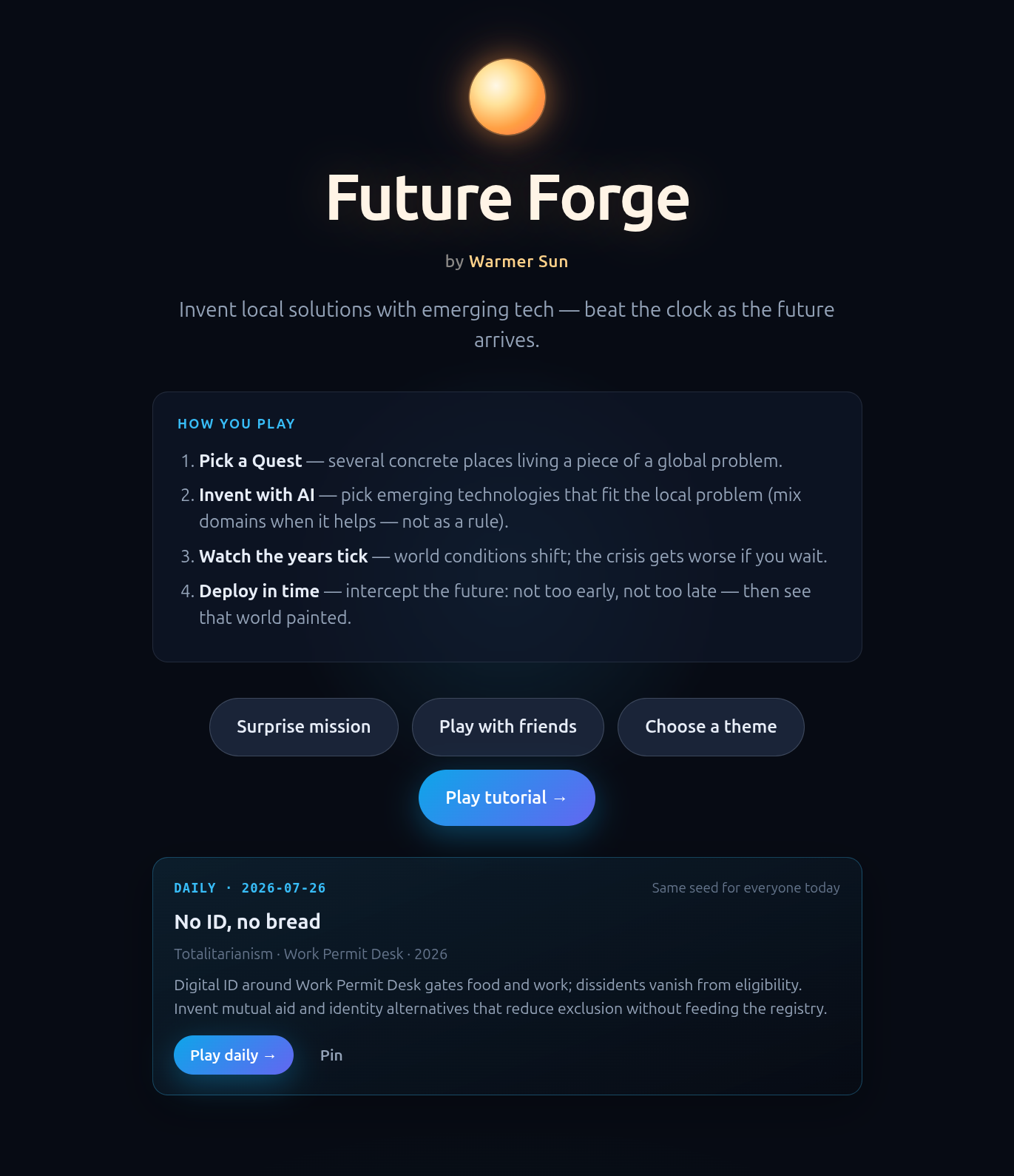 Future Forge title screen with Play tutorial and entry options