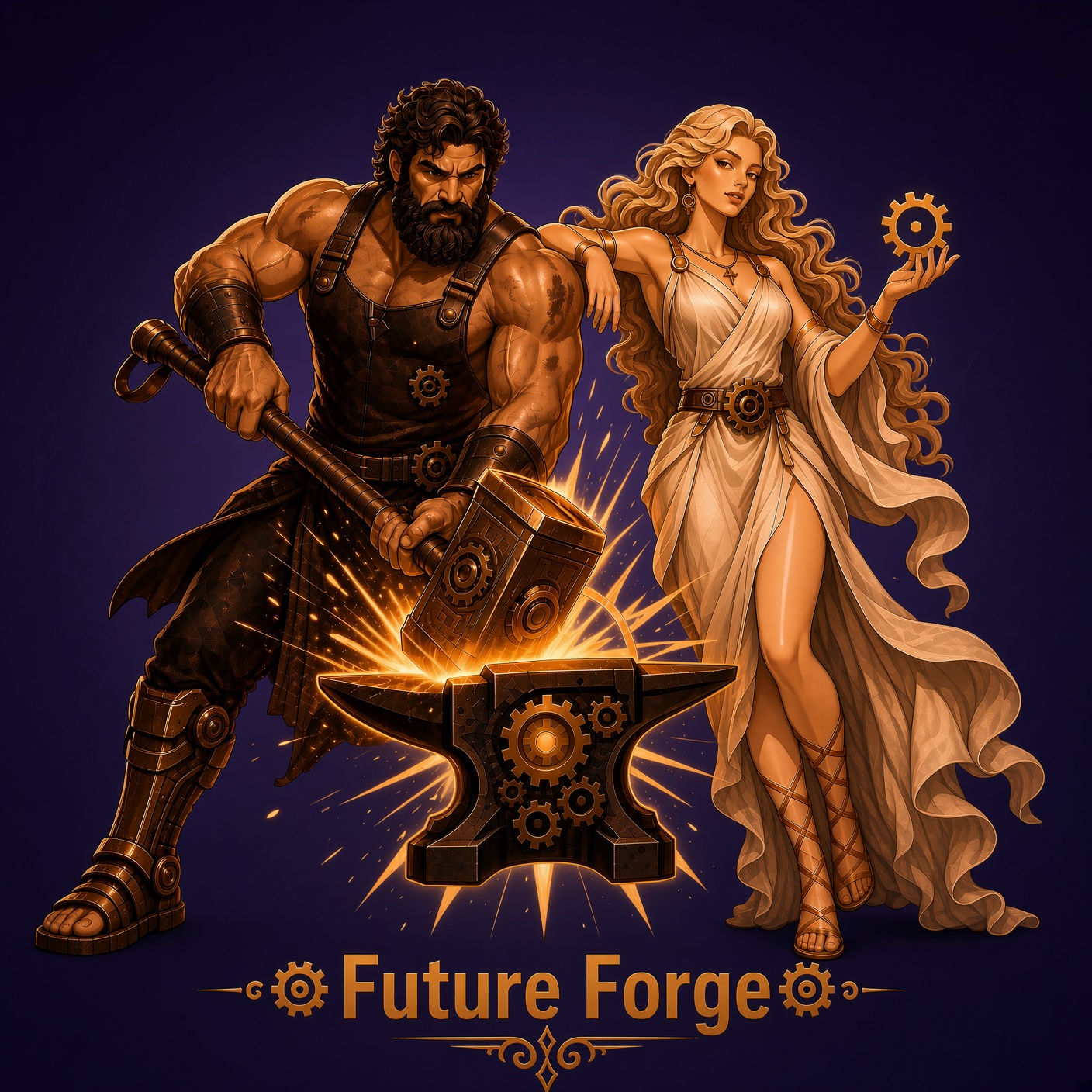 Future Forge mark: Hephaestus at the anvil with a hammer, Aphrodite beside him holding a golden gear