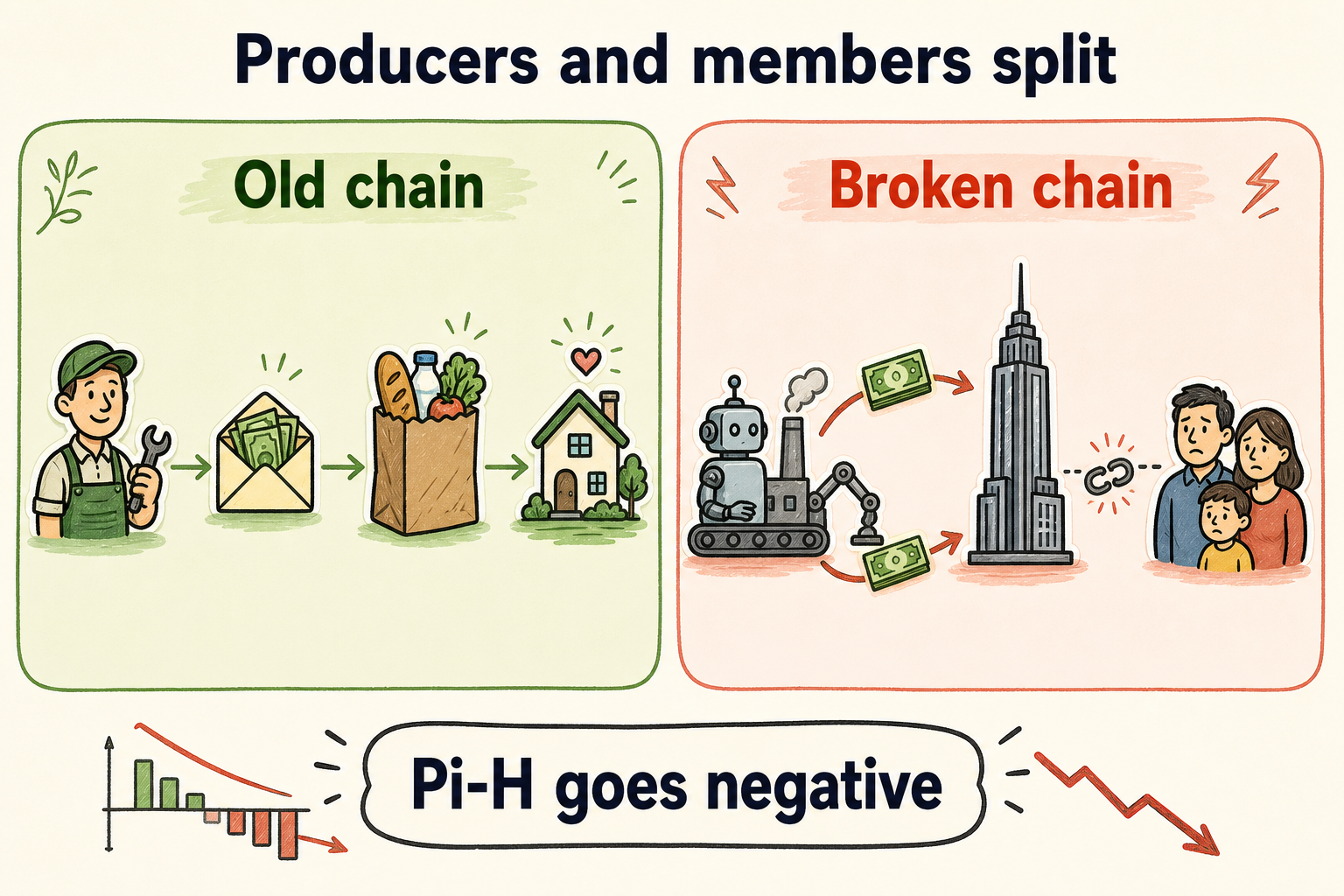 Producers and members split — old wage chain vs broken chain when Pi-H goes negative