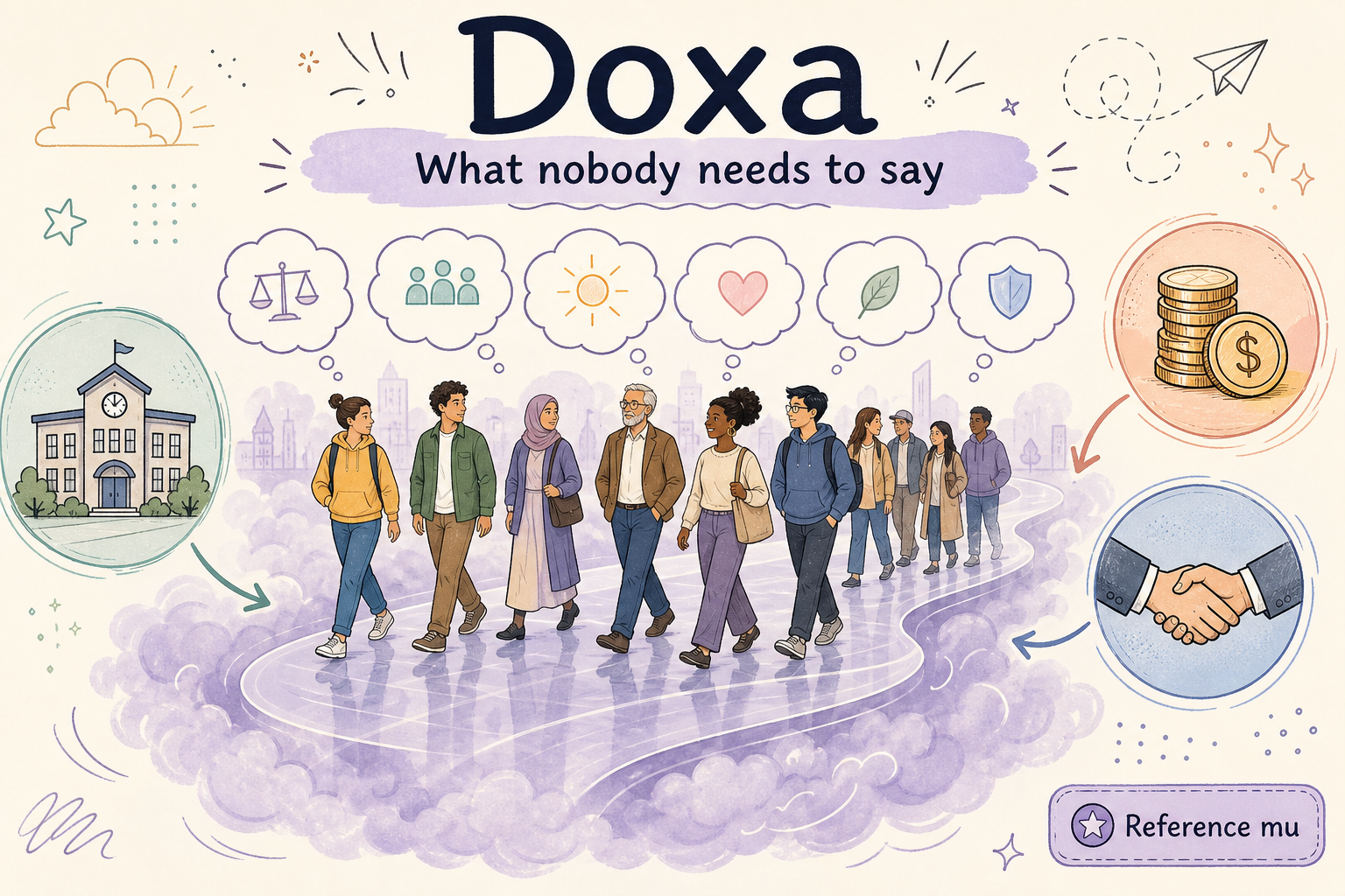 Doxa — what nobody needs to say; the reference mu under shared life