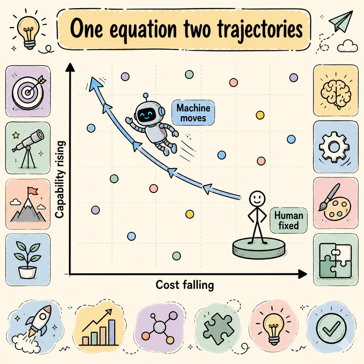 One equation, two trajectories — human fixed vs machine moving on cost and capability