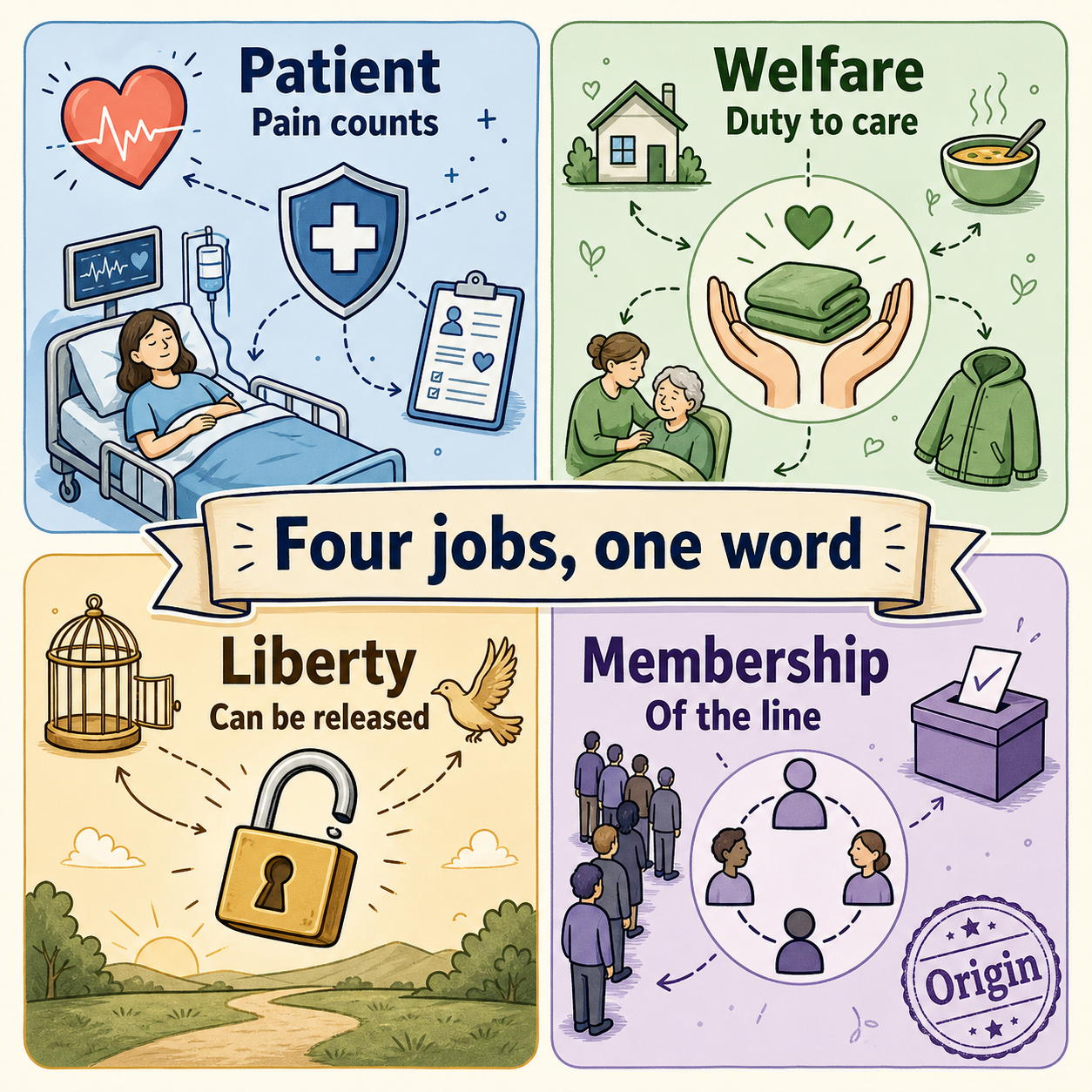 Four jobs, one word — patient, welfare, liberty, membership