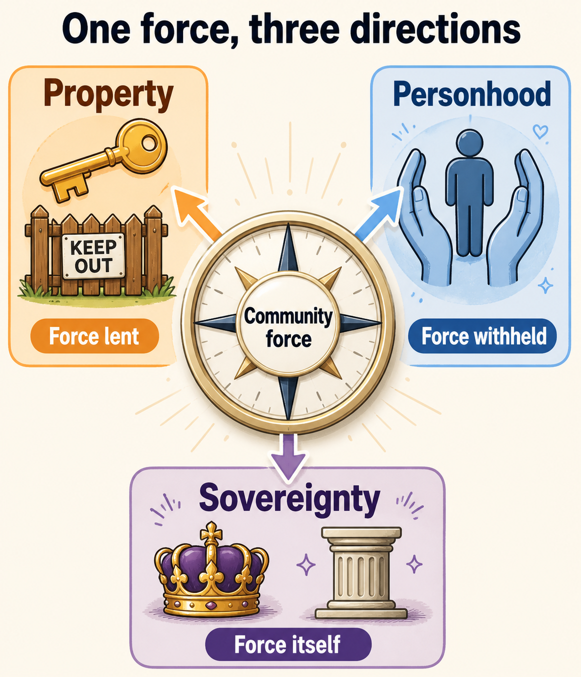 One force, three directions — property, personhood, sovereignty