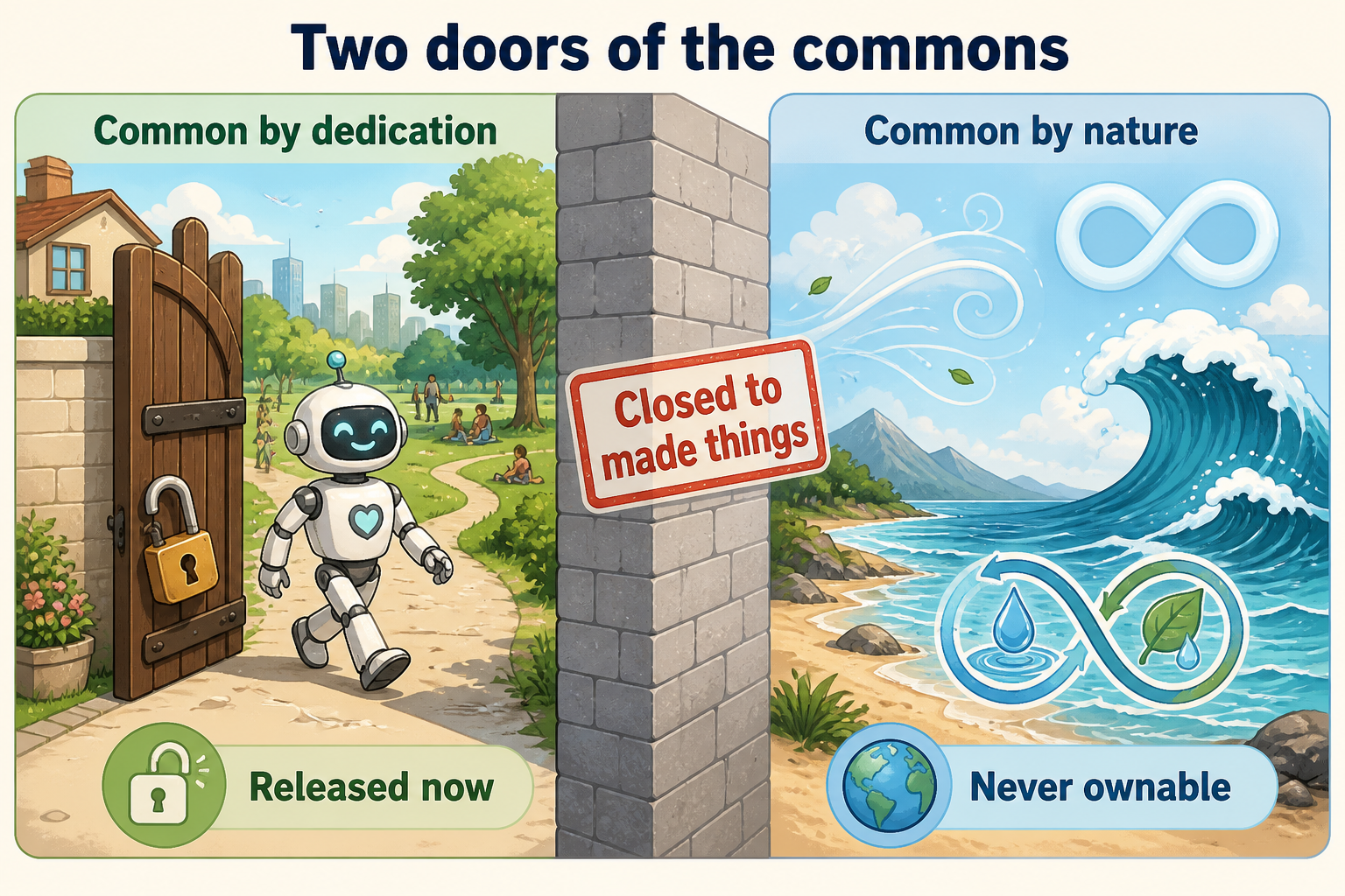 Two doors of the commons — released now vs never ownable