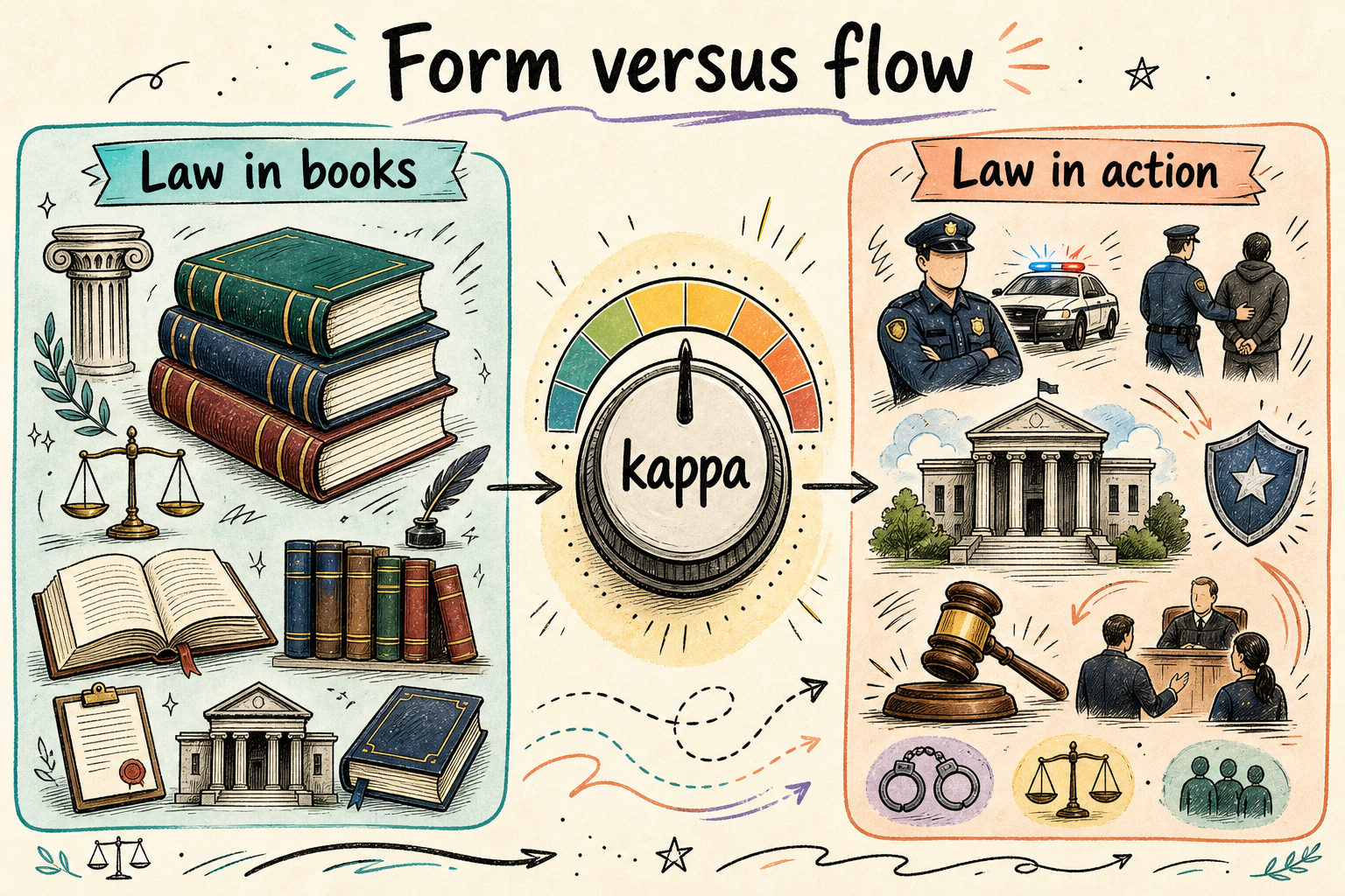 Form versus flow — law in books, law in action, kappa