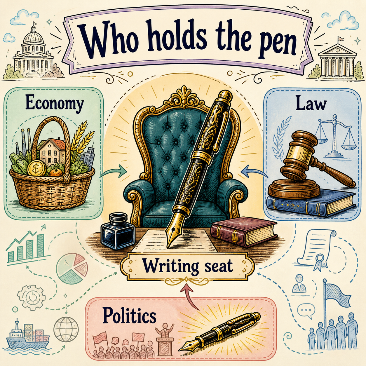 Who holds the pen — writing seat among economy, law, politics