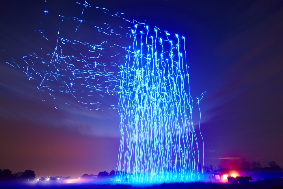 Hundred-class light-show formation (Intel-era public still)