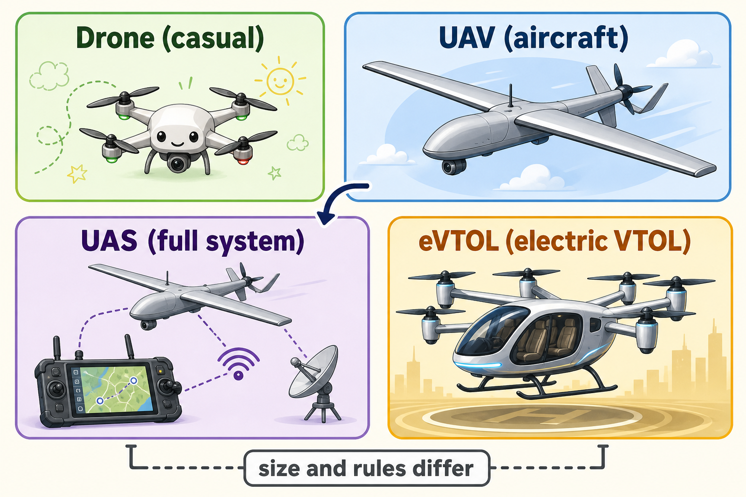 Drone, UAV, UAS, and eVTOL categories