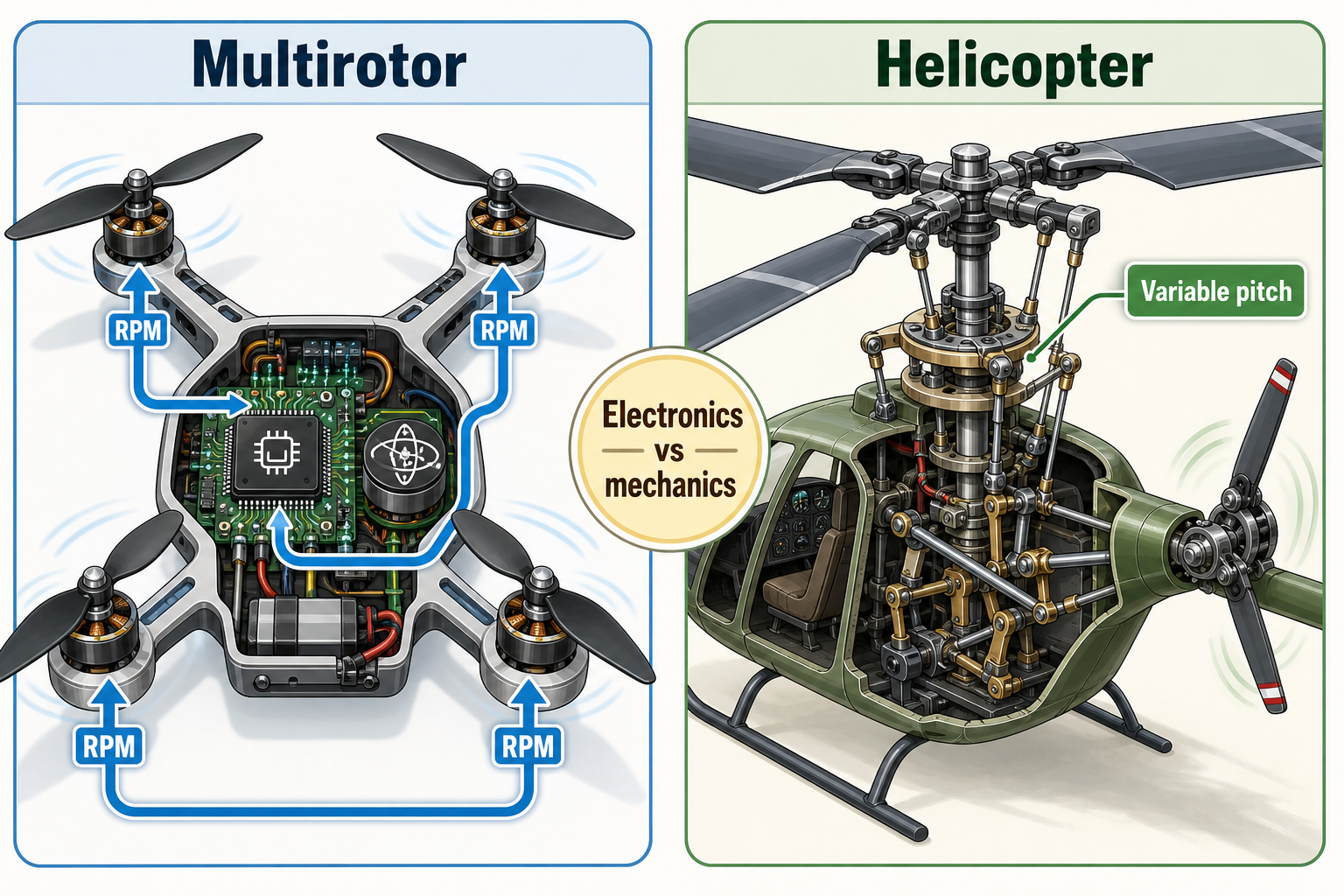 Multirotor electronics versus helicopter variable pitch
