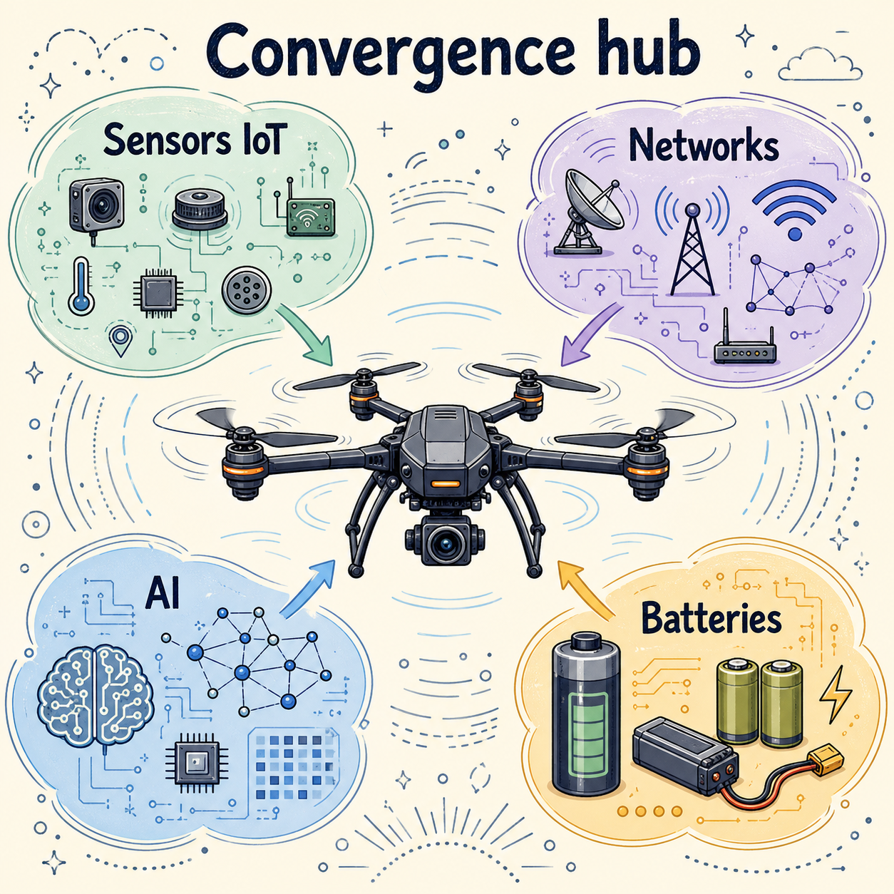 Convergence hub — sensors, networks, AI, batteries