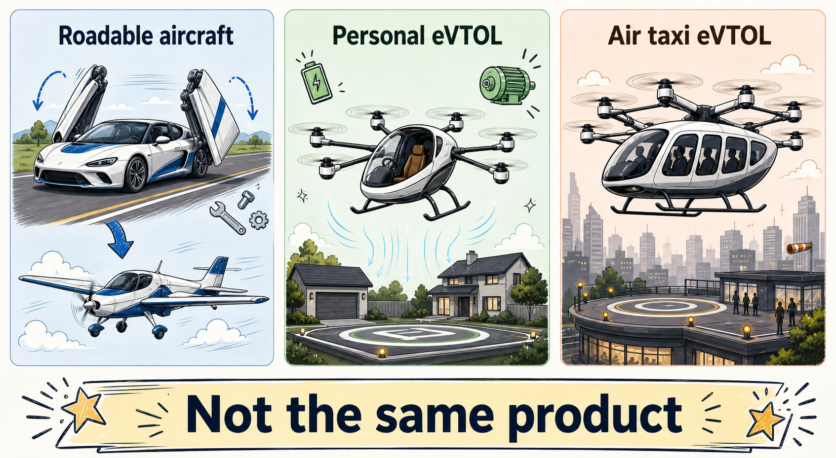 Flying car paths — roadable aircraft, personal eVTOL, air taxi