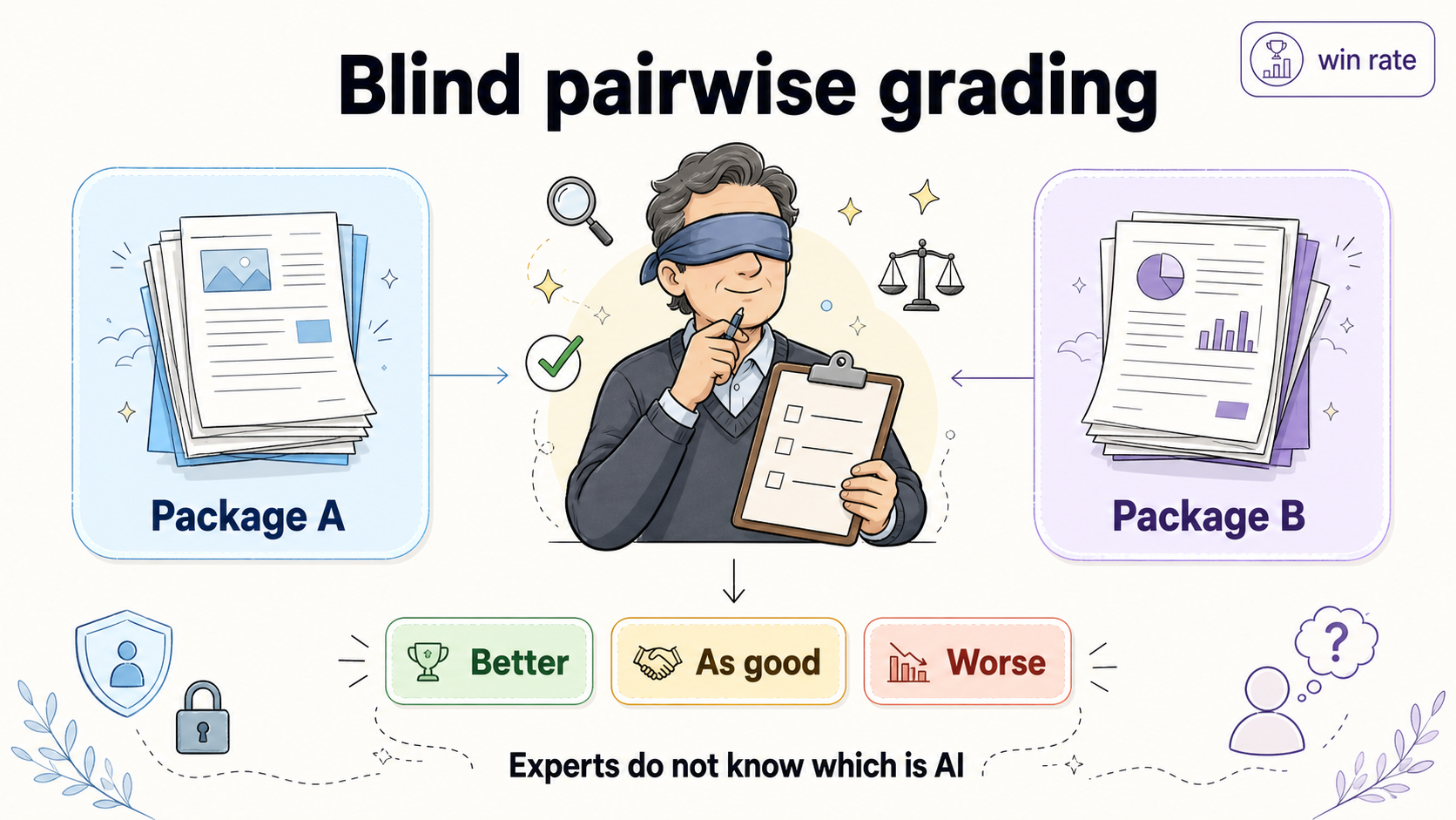 Blind pairwise grading — experts pick without knowing which package is AI