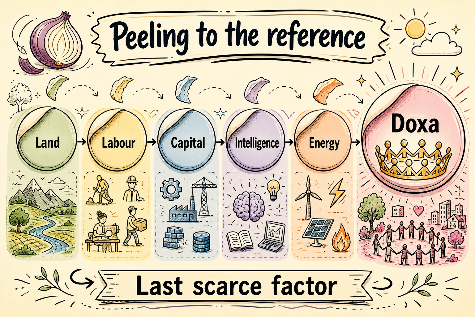 Peeling to the reference — Land, Labour, Capital, Intelligence, Energy, Doxa