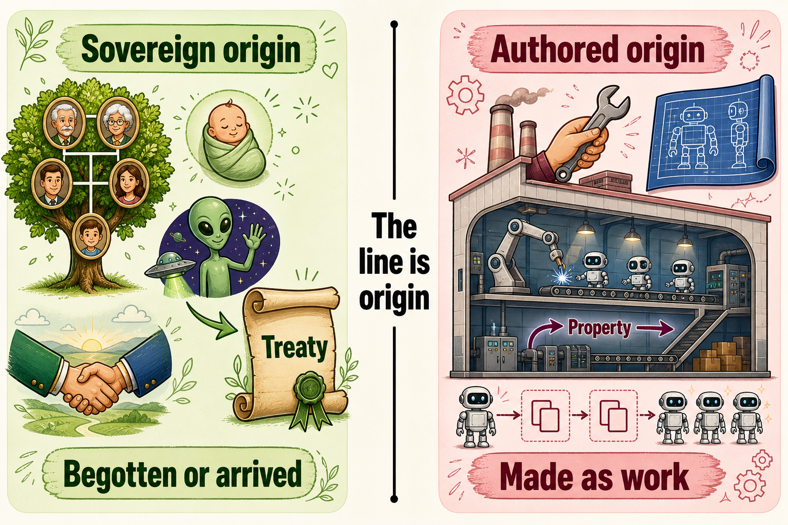 The line is origin — sovereign vs authored; treaty vs property
