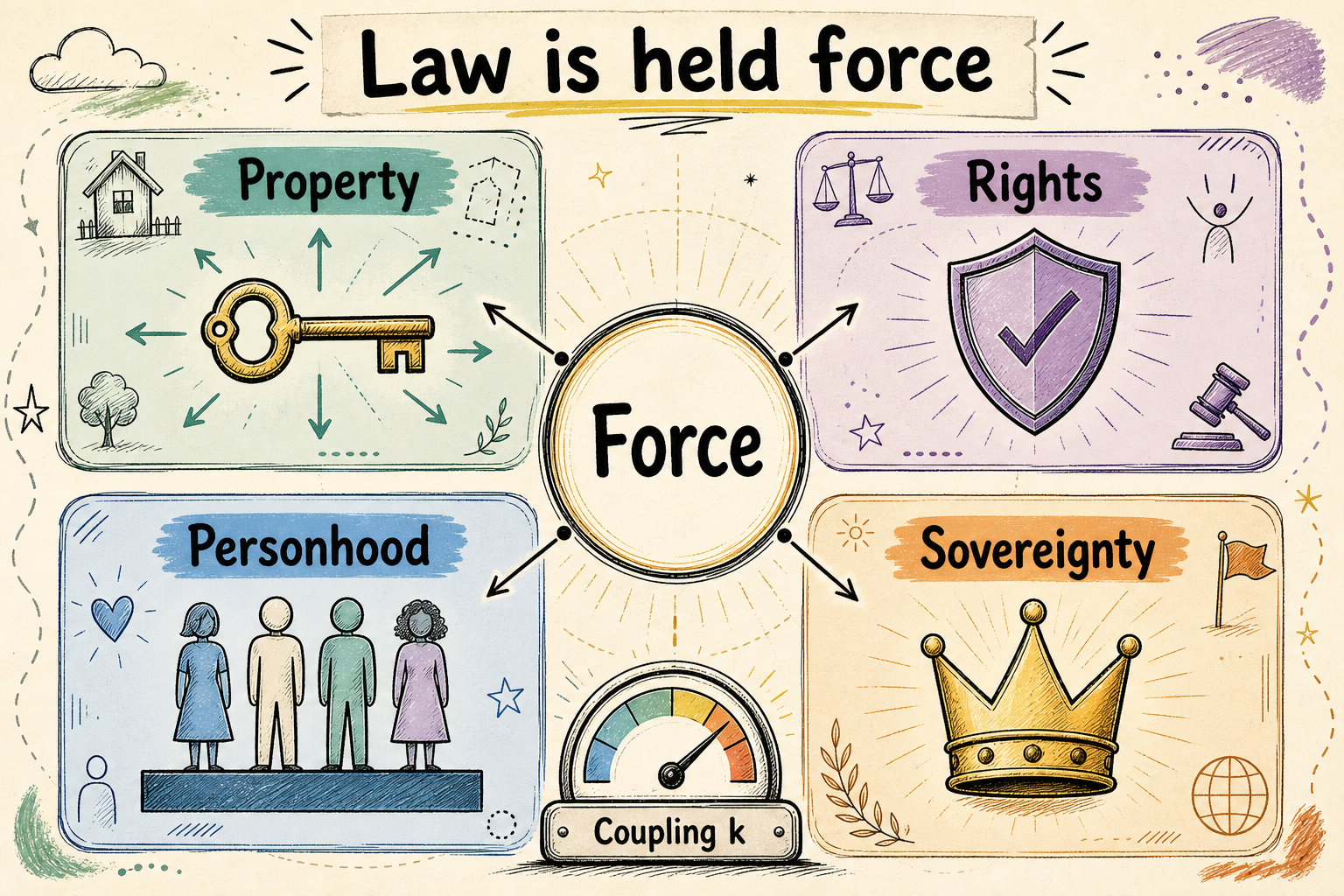 Law is held force — property, rights, personhood, sovereignty, coupling