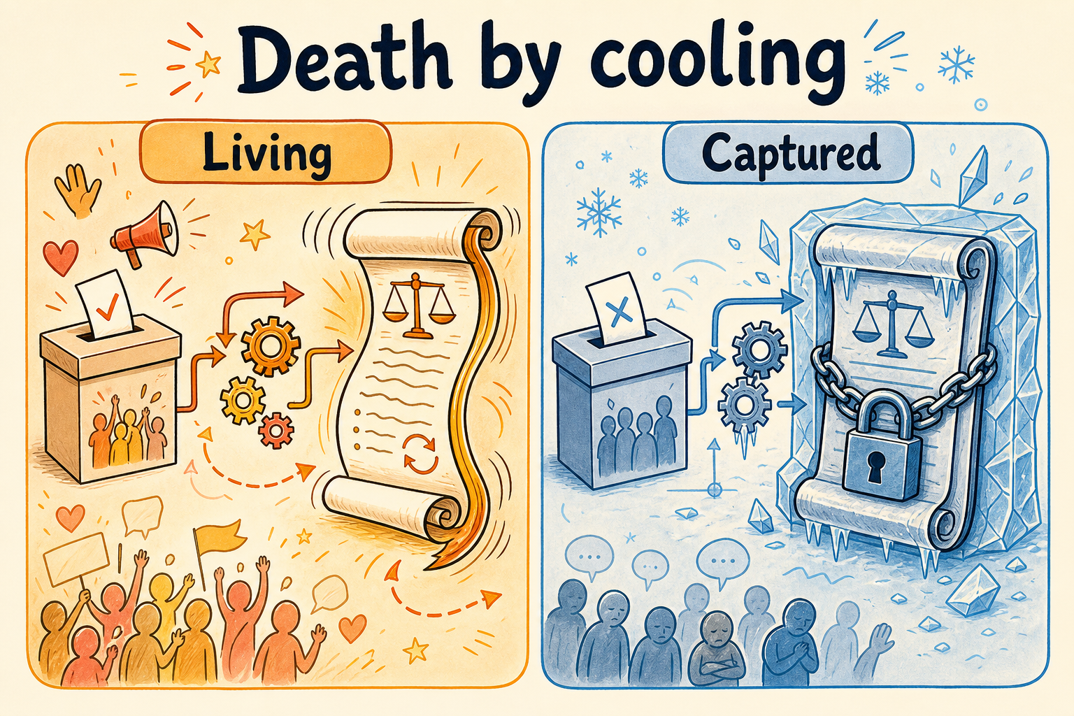 Death by cooling — living vs captured democracy