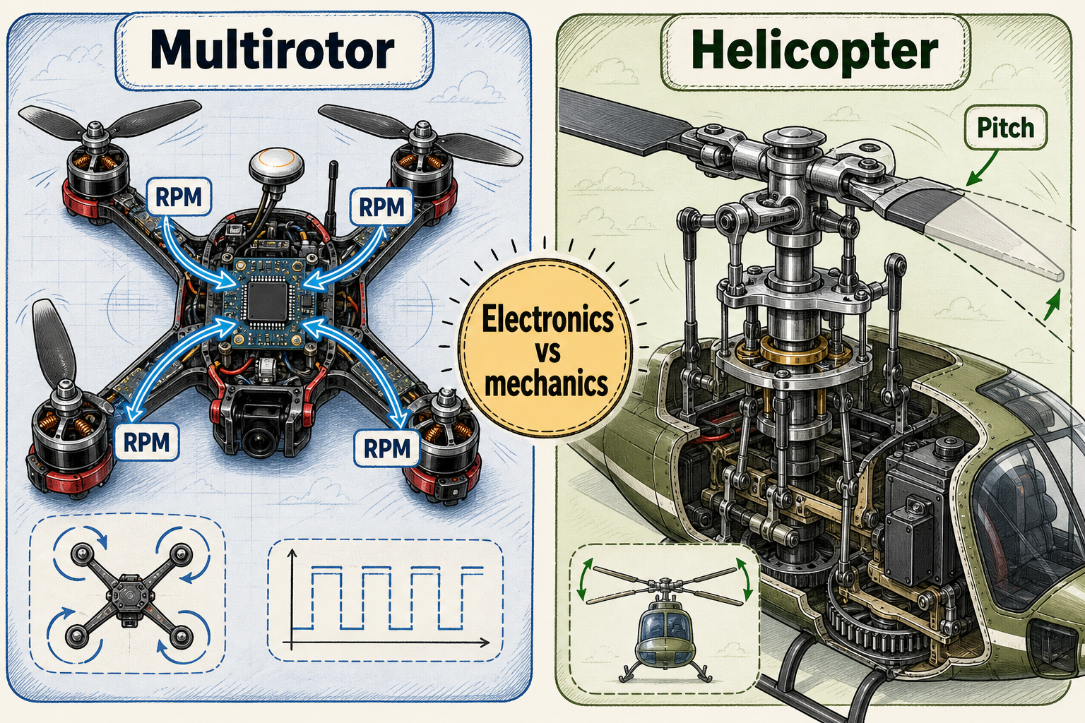 Multirotor electronics vs helicopter pitch