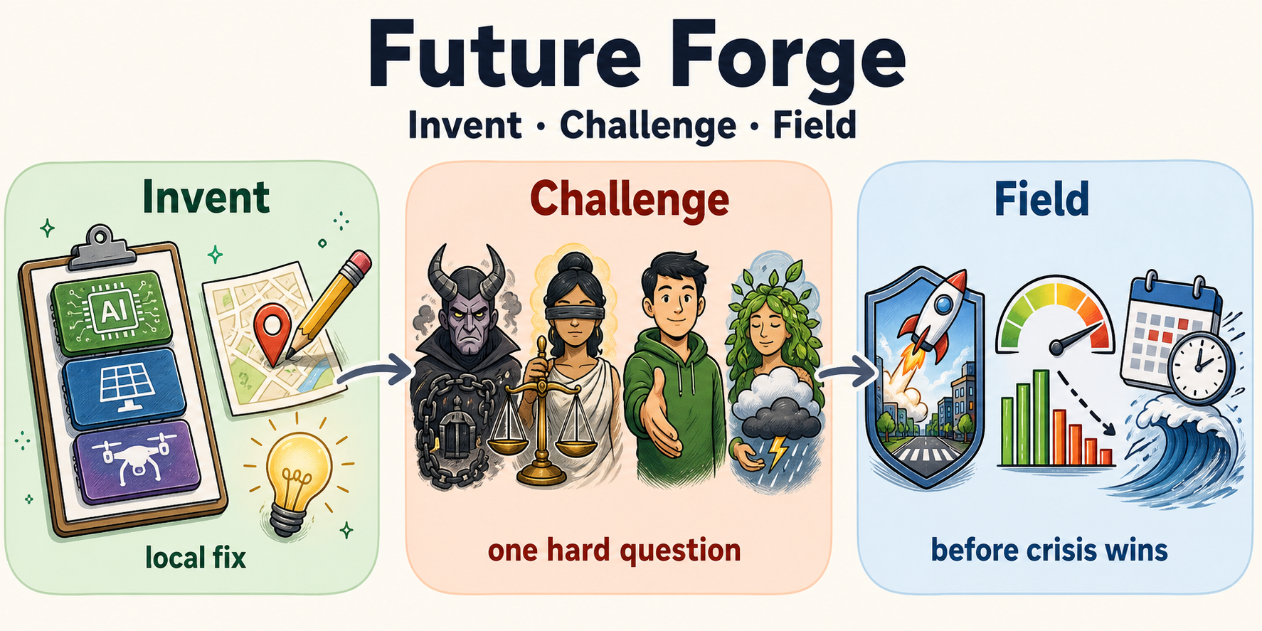 Future Forge core loop: Invent, Challenge, Field