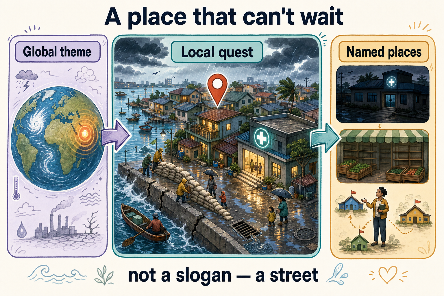 Global theme becomes a concrete quest in a named place