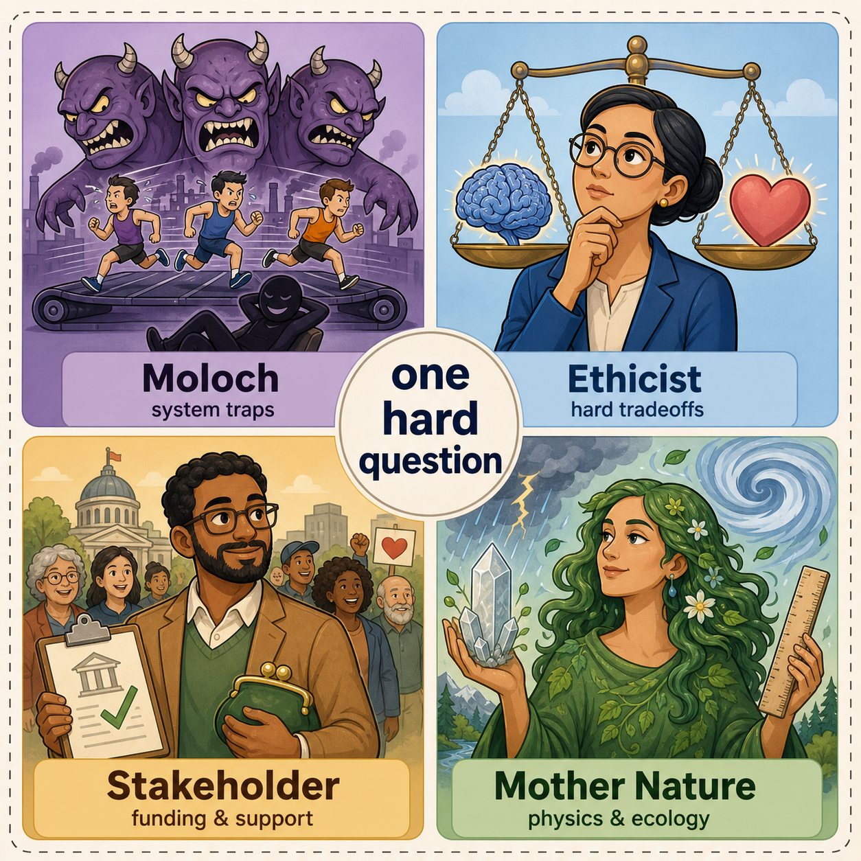 Four challengers: Moloch, Ethicist, Stakeholder, Mother Nature