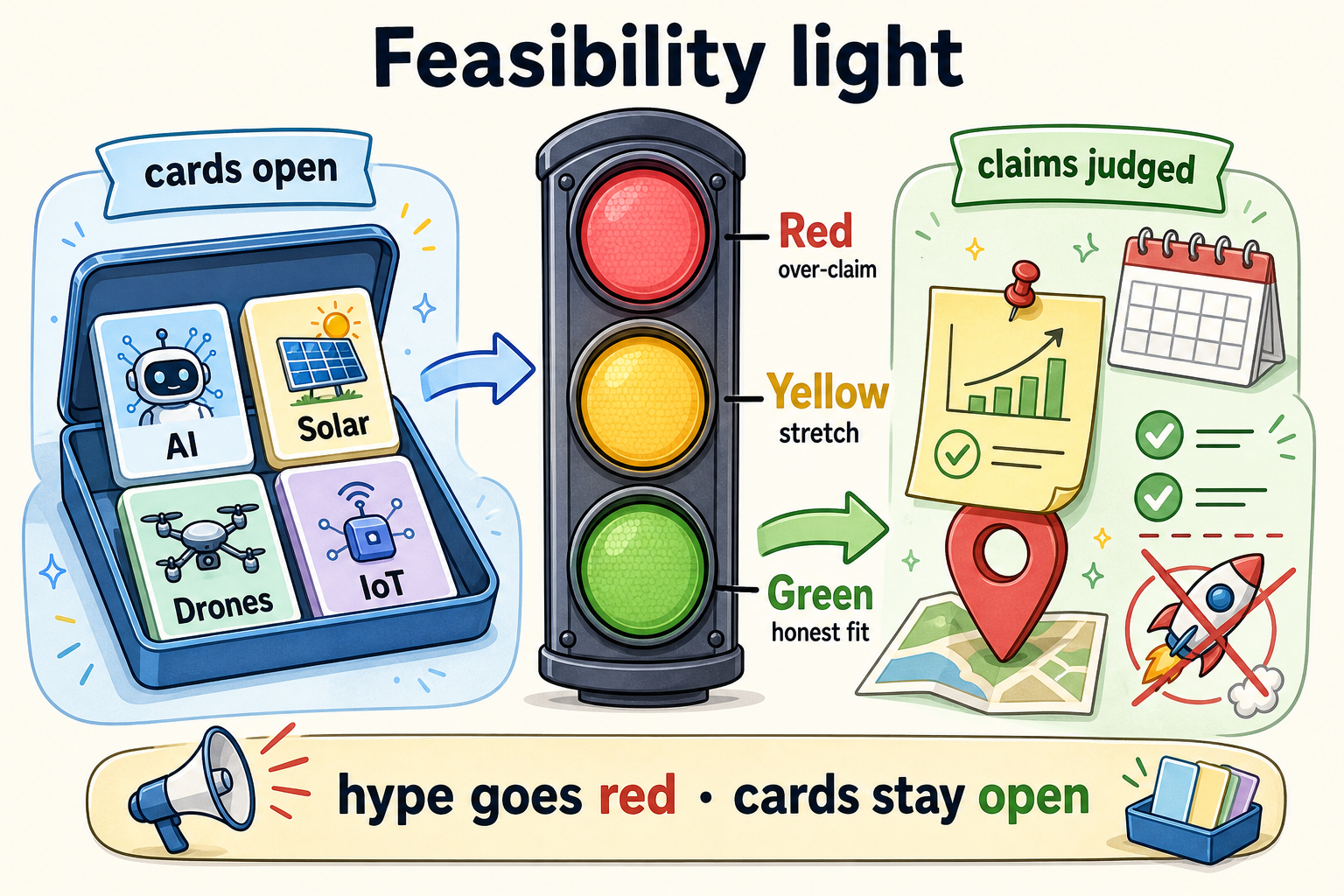 Feasibility light: cards stay open; claims are judged honest