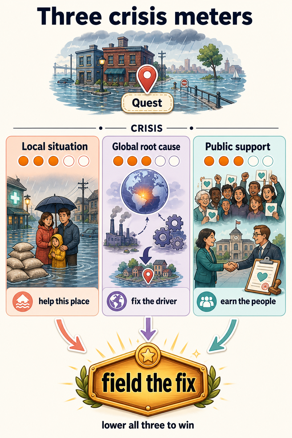 Three crisis meters: local situation, global root cause, public support