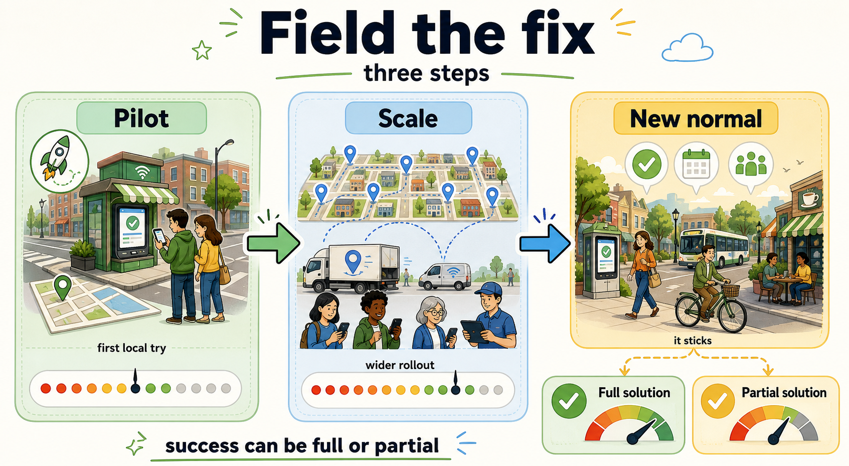 Fielding stages: Pilot, Scale, New normal — full or partial solution