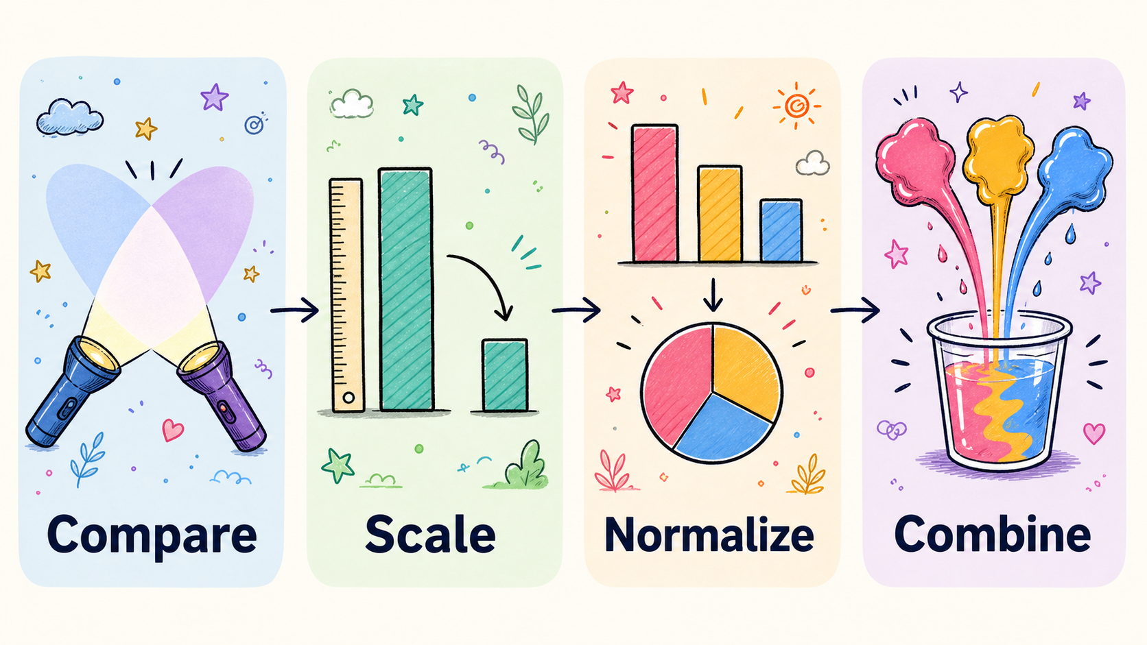 Four steps of attention: compare, scale, normalize, combine.
