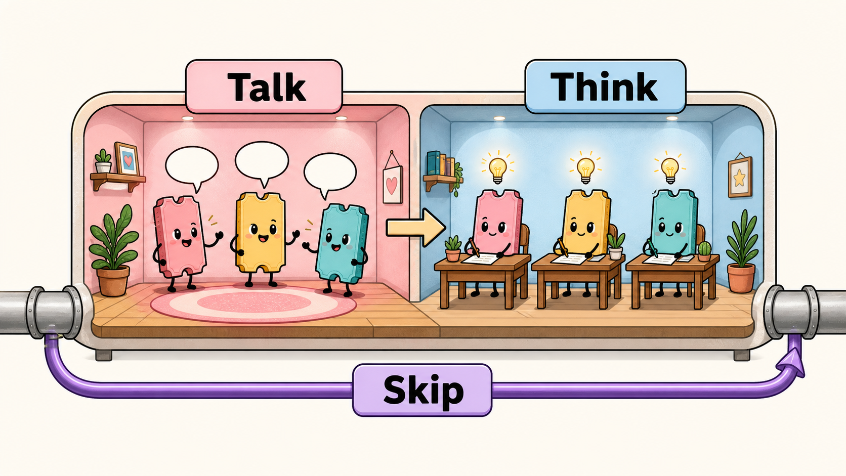 One block: tokens talk, then each token thinks alone, then add the skip.