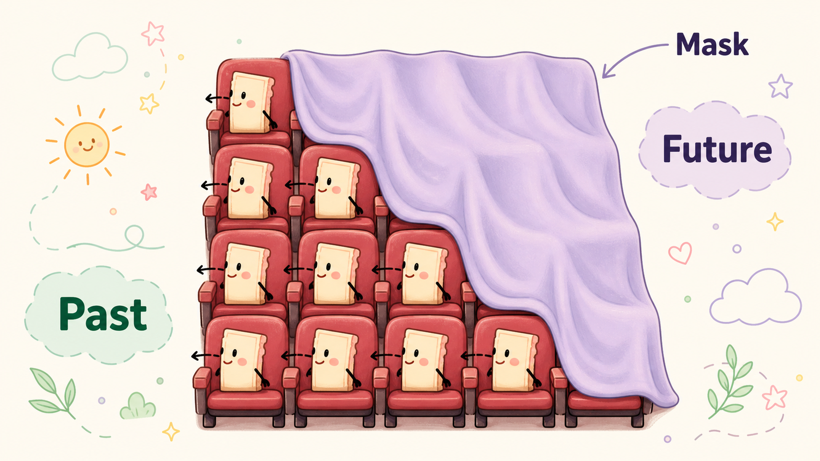 A causal mask hides future tokens so each position can only mix the past.