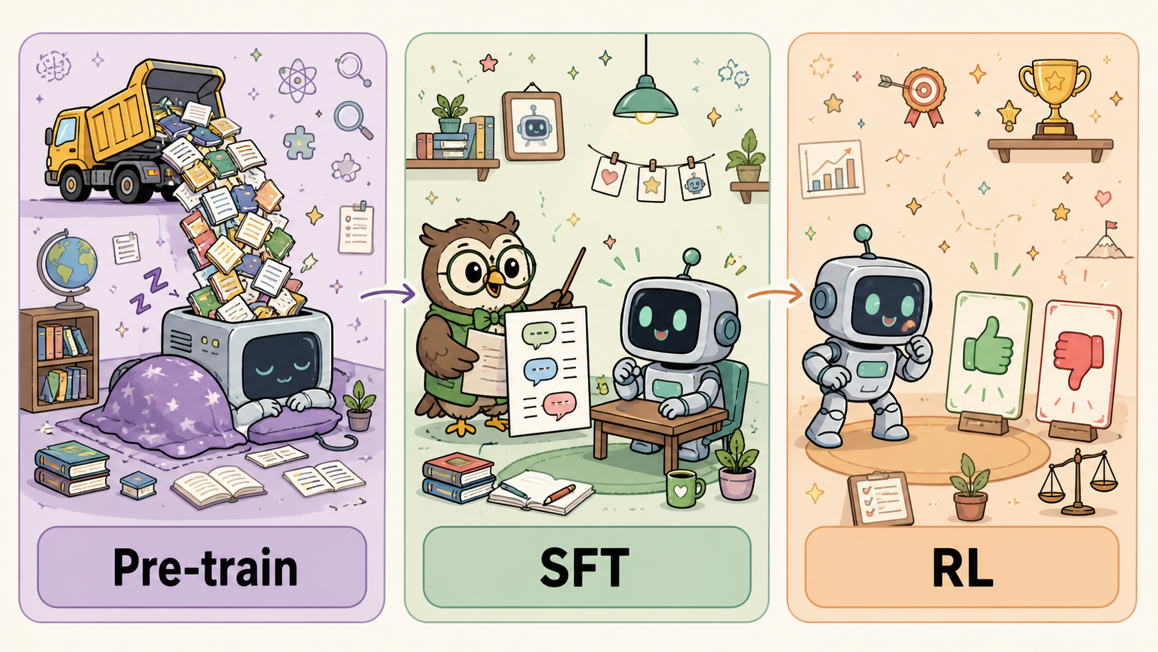 Three stages: learn from a pile of documents, then learn to chat, then practice with scores.