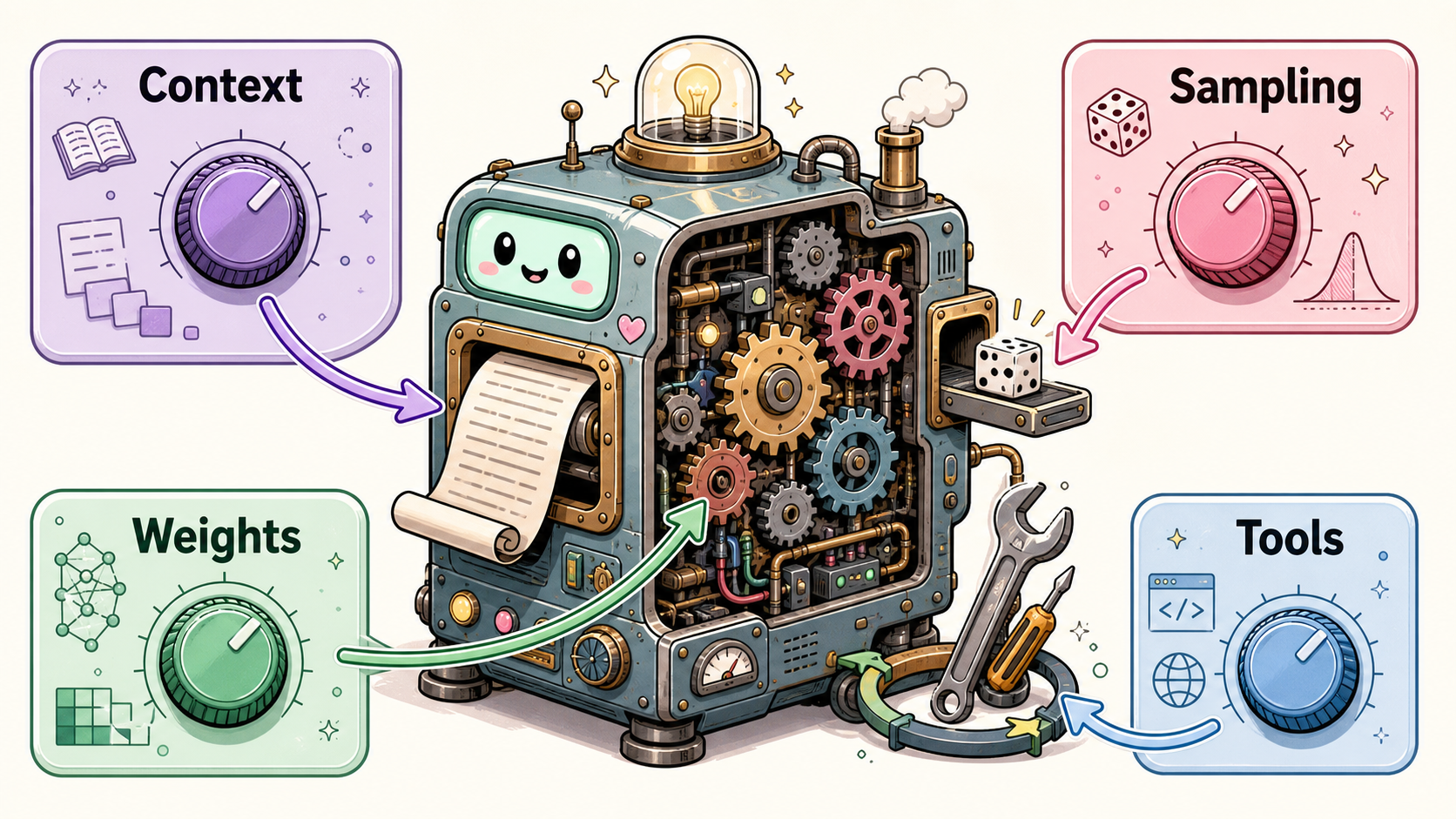 App knobs sit on a real machine: window, picking, tools, and knobs inside.