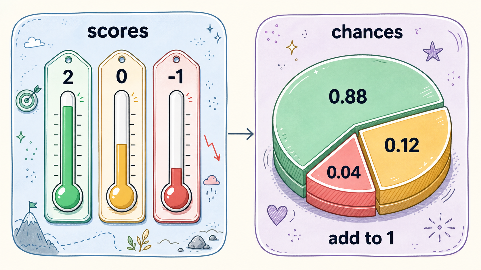 Scores (any reals) become chances that add to 1.