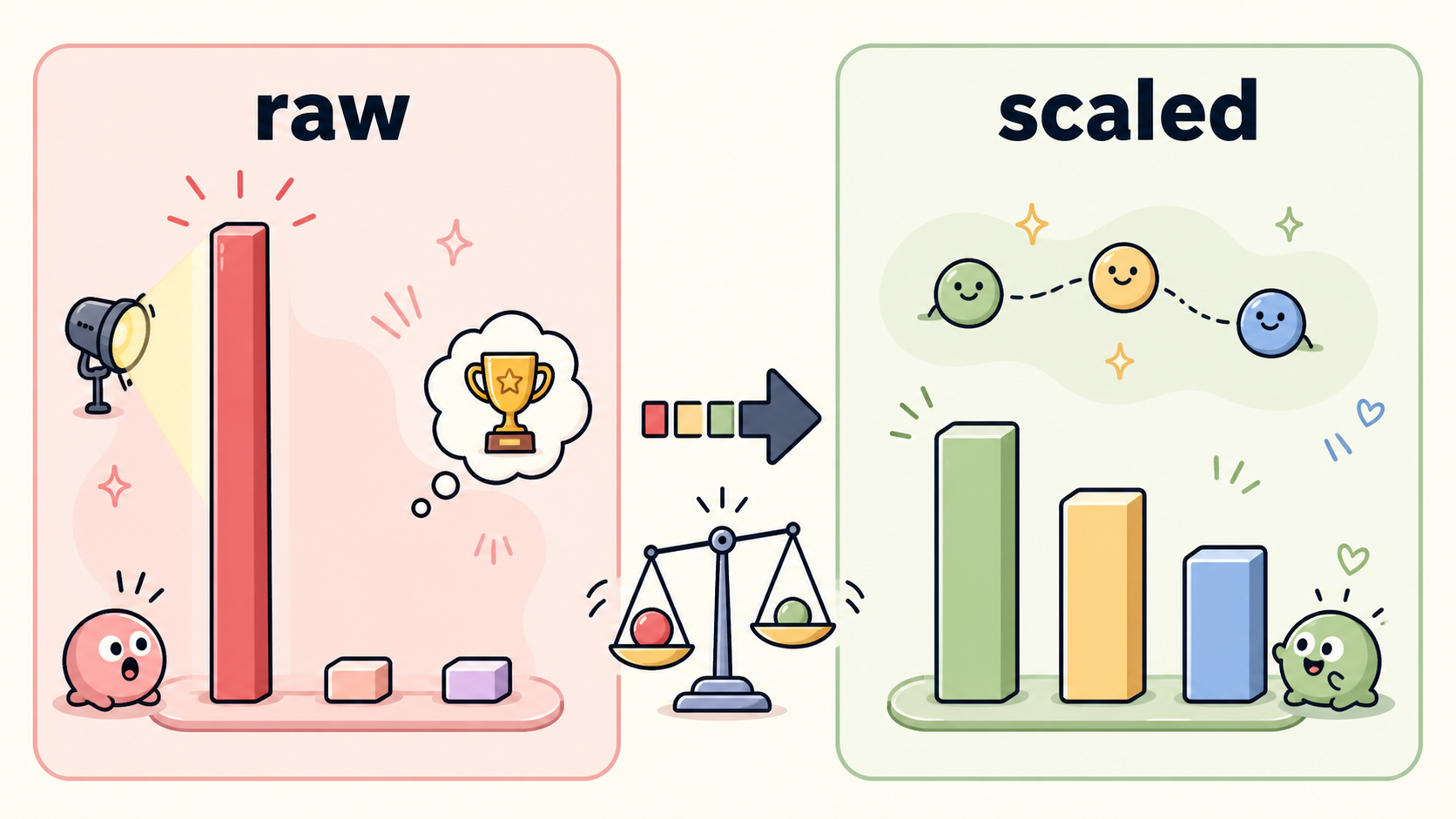 Raw scores make a spike; scaled scores stay a soft mix.