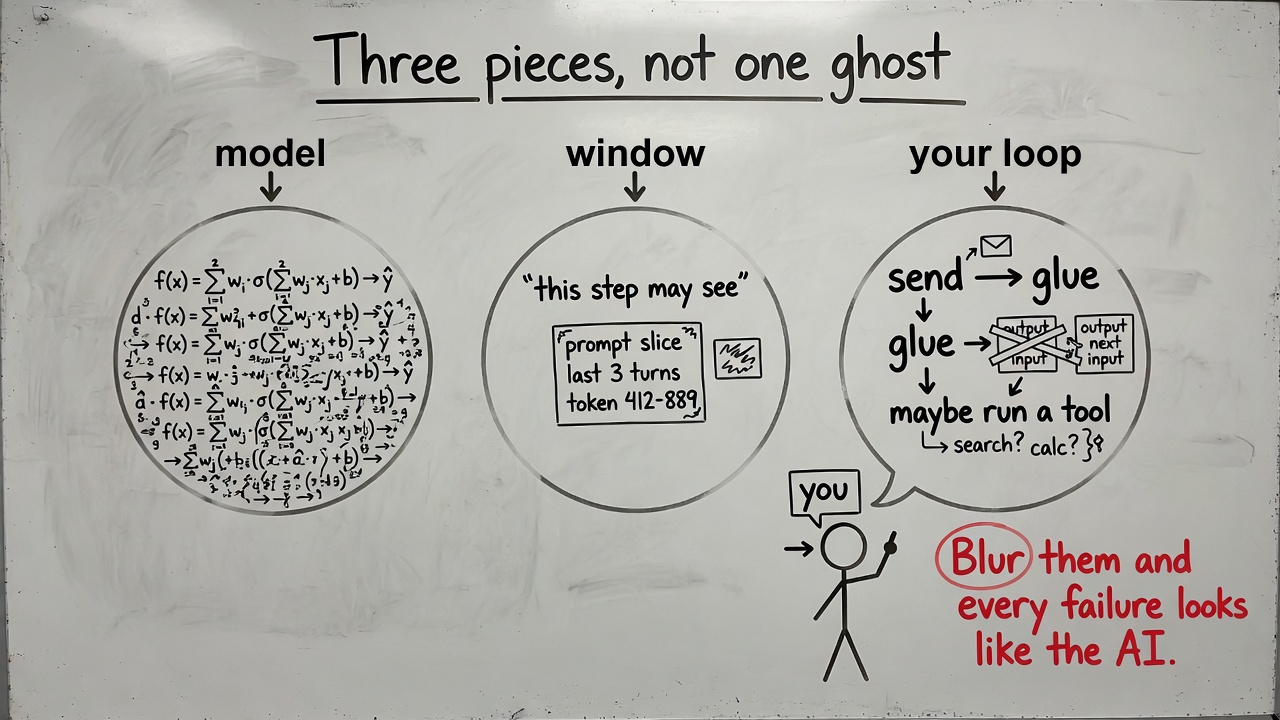 Whiteboard: model, window, and your loop as three named circles.