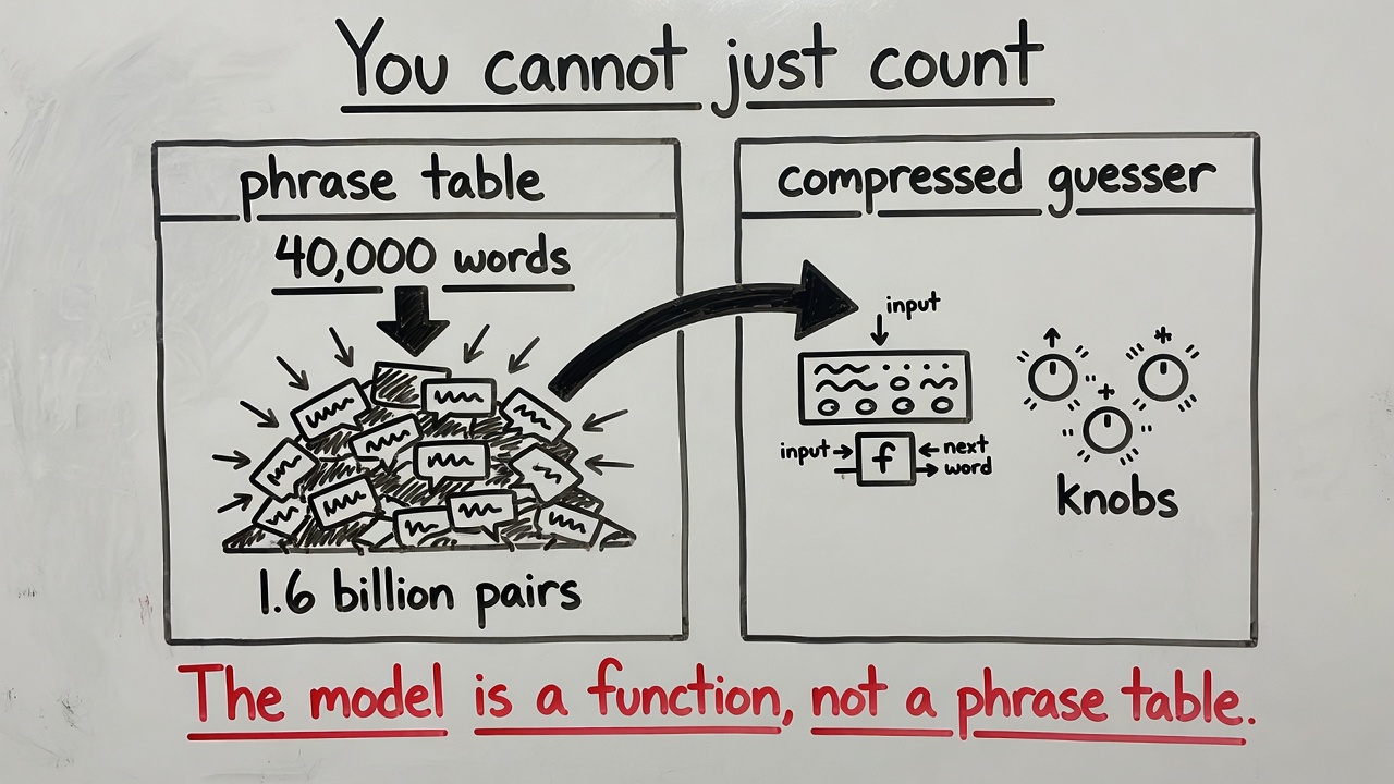 Whiteboard: a phrase table explodes; the model is a function, not a phrase table.