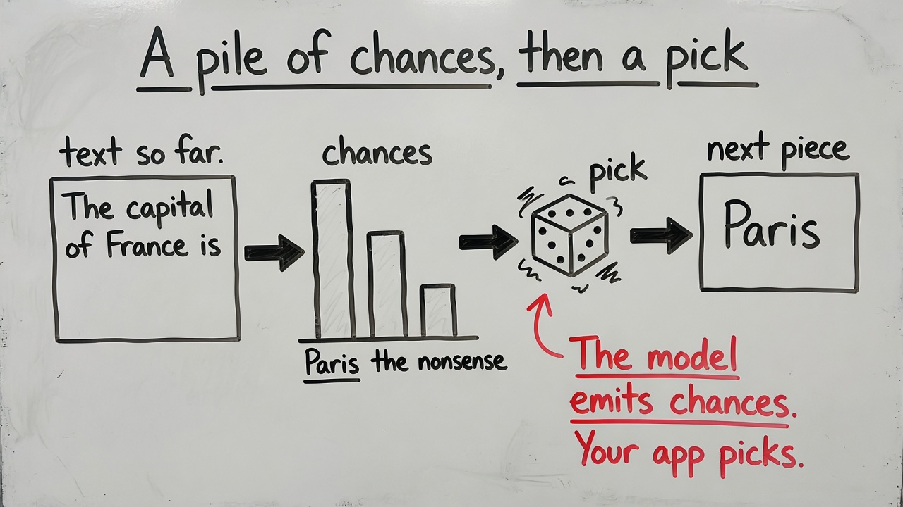 Whiteboard: text so far → a pile of chances → a pick → the next piece.
