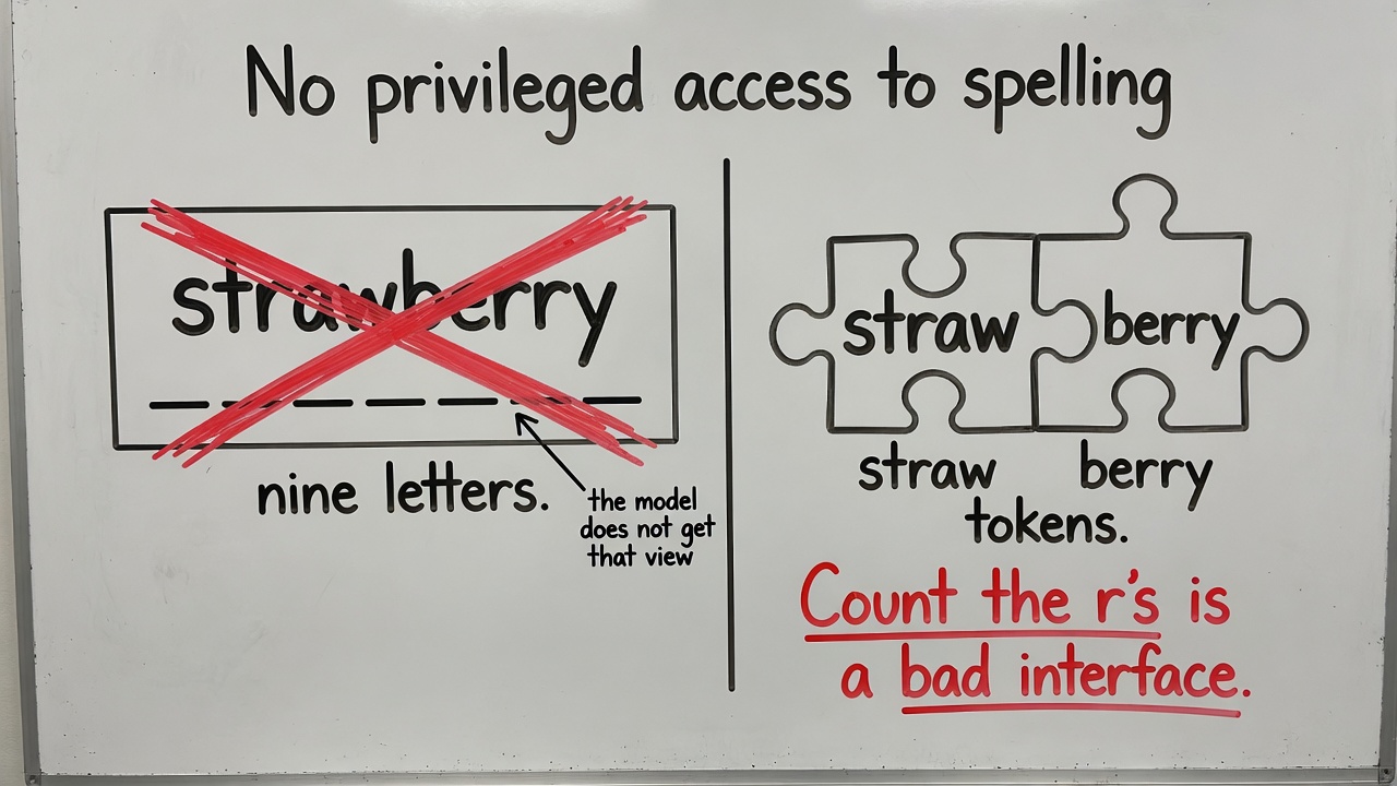 Whiteboard: strawberry as tokens, not nine letters. Count the r's is a bad interface.